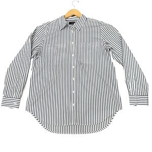 Lauren Ralph Lauren Black Label Blouse Navy & White Striped Button Down SZ Large